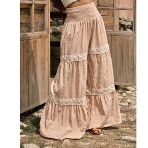 NEW! Boho Stretchy Waist Lace Detail Wide
Leg Textured Pants